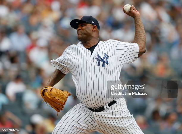 Sabathia of the New York Yankees in action against the Atlanta Braves at Yankee Stadium on July 4, 2018 in the Bronx borough of New York City. The...