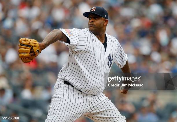 Sabathia of the New York Yankees in action against the Atlanta Braves at Yankee Stadium on July 4, 2018 in the Bronx borough of New York City. The...