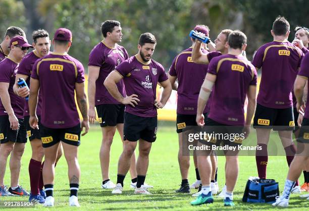 Ben Hunt is seen with team mates during a Queensland Maroons State of Origin training session at Sanctuary Cove on July 5, 2018 in Gold Coast,...