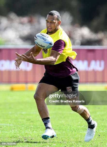 Will Chambers juggles the ball during a Queensland Maroons State of Origin training session at Sanctuary Cove on July 5, 2018 in Gold Coast,...