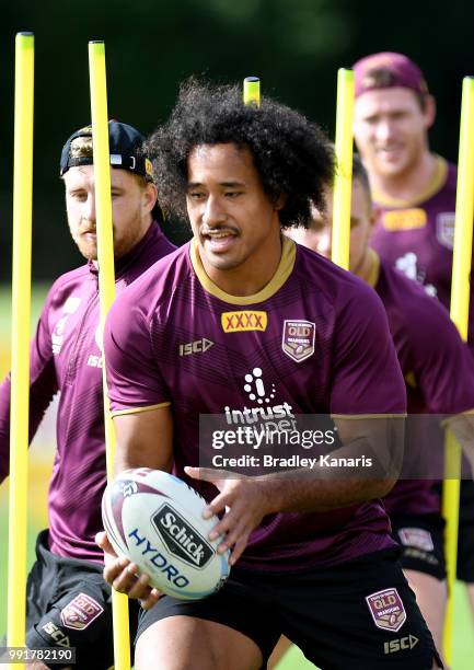 Felise Kaufusi runs through a training drill during a Queensland Maroons State of Origin training session at Sanctuary Cove on July 5, 2018 in Gold...