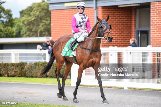 Luke Nolen returns to the mounting yard aboard Lucabelle after winning the OBrien Real Estate â 13000 OBRIEN Maiden Plate at Cranbourne Racecourse on...