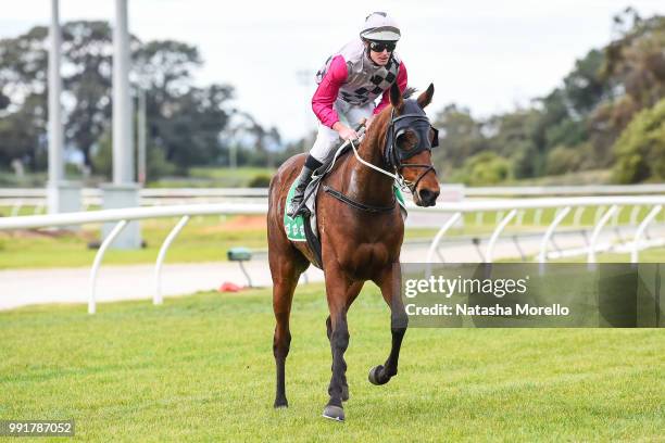 Luke Nolen returns to the mounting yard aboard Lucabelle after winning the OBrien Real Estate â 13000 OBRIEN Maiden Plate at Cranbourne Racecourse on...