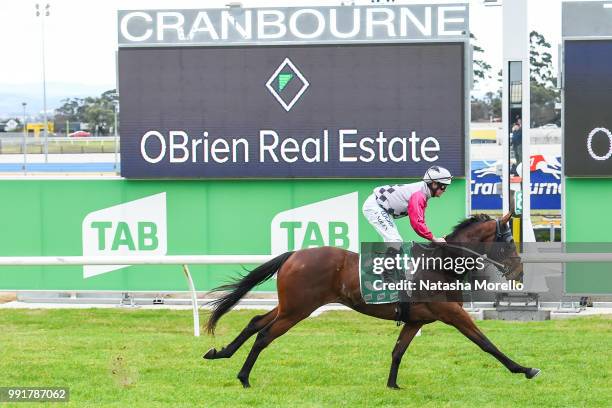 Lucabelle ridden by Luke Nolen wins the OBrien Real Estate â 13000 OBRIEN Maiden Plate at Cranbourne Racecourse on July 05, 2018 in Cranbourne,...