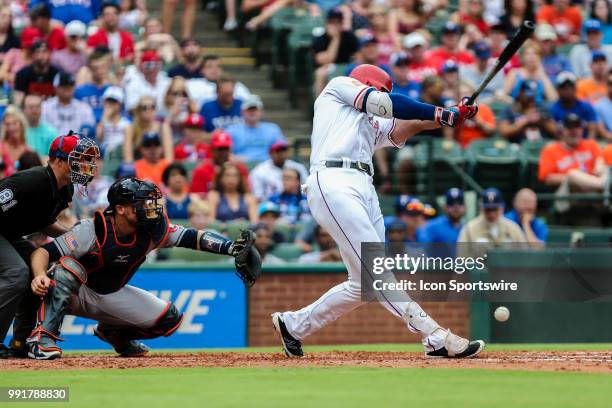 Texas Rangers third baseman Joey Gallo hits a foul ball during the game between the Texas Rangers and the Houston Astros on July 4, 2018 at Globe...