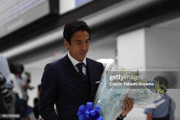 Makoto Hasebe is seen on arrival at Narita International Airport on July 5, 2018 in Narita, Narita, Japan.