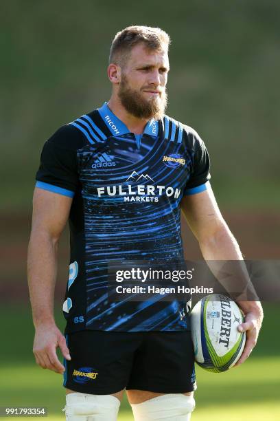 Brad Shields looks on during a Hurricanes Super Rugby training session at Rugby League Park on July 5, 2018 in Wellington, New Zealand.