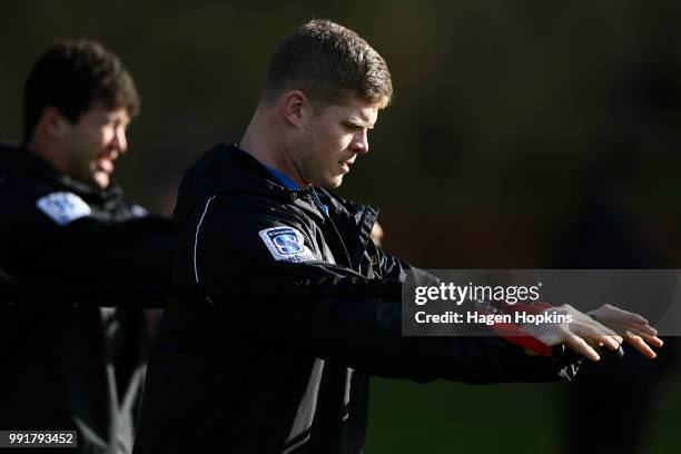 James O'Reilly warms up during a Hurricanes Super Rugby training session at Rugby League Park on July 5, 2018 in Wellington, New Zealand.