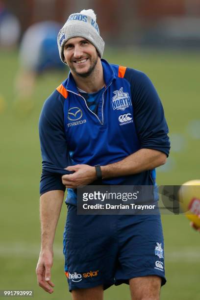 Jarrad Waite of the Kangaroos looks on during a North Melbourne Kangaroos AFL training session at Arden Street Ground on July 5, 2018 in Melbourne,...
