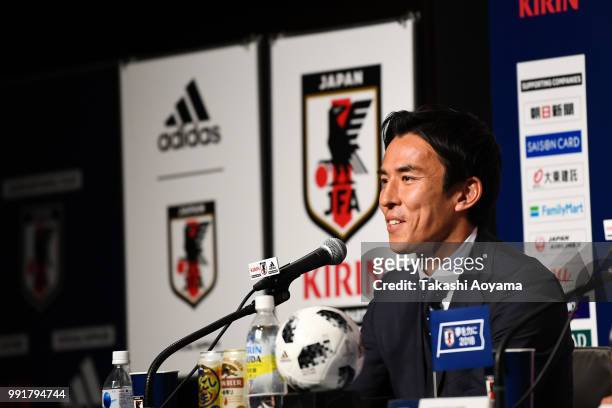 Makoto Hasebe speaks during a press conference at Hilton Tokyo Narita Airport on July 5, 2018 in Narita, Narita, Japan. (Photo by Takashi...