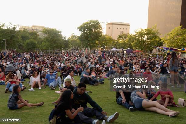 Atmosphere shot of the crowd at the 6th annual Grand Park + the Music Center's 4th of July Block Party at Los Angeles Grand Park on July 4, 2018 in...