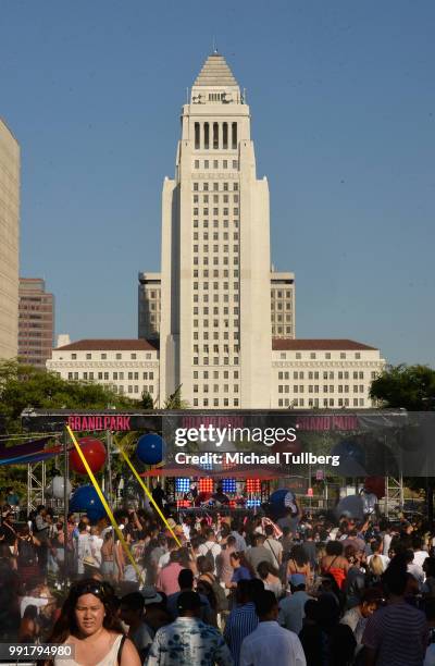 Atmosphere shot of the crowd at the 6th annual Grand Park + the Music Center's 4th of July Block Party at Los Angeles Grand Park on July 4, 2018 in...