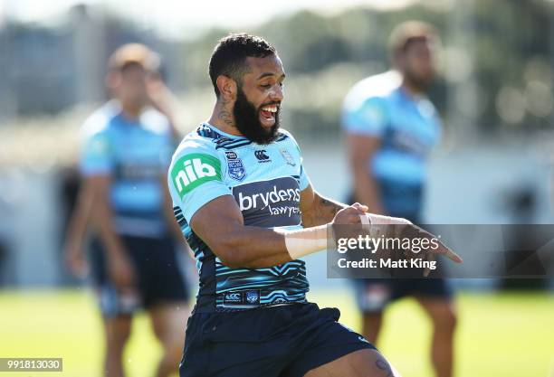 Josh Addo-Carr looks on during a New South Wales Blues State of Origin training session at NSWRL Centre of Excellence Field on July 5, 2018 in...