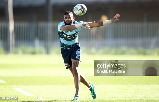 Josh Addo-Carr passes during a New South Wales Blues State of Origin training session at NSWRL Centre of Excellence Field on July 5, 2018 in Sydney,...