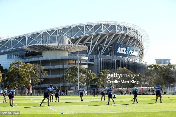 Blues train during a New South Wales Blues State of Origin training session at NSWRL Centre of Excellence Field on July 5, 2018 in Sydney, Australia.