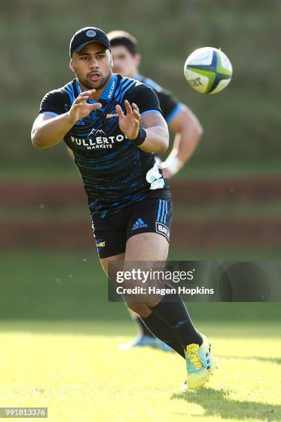 Ngani Laumape in action during a Hurricanes Super Rugby training session at Rugby League Park on July 5, 2018 in Wellington, New Zealand.