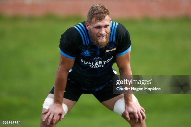 Brad Shields looks on during a Hurricanes Super Rugby training session at Rugby League Park on July 5, 2018 in Wellington, New Zealand.