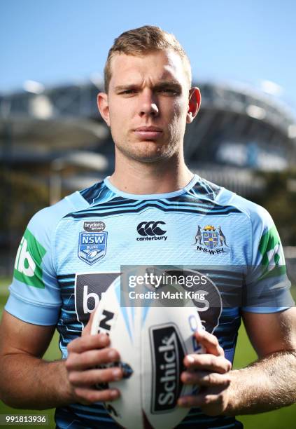 Tom Trbojevic poses during a New South Wales Blues State of Origin training session at NSWRL Centre of Excellence Field on July 5, 2018 in Sydney,...