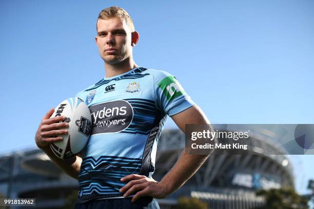 Tom Trbojevic poses during a New South Wales Blues State of Origin training session at NSWRL Centre of Excellence Field on July 5, 2018 in Sydney,...