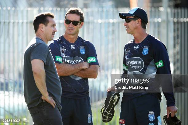 Matthew Johns, Andrew Johns and Greg Alexander talk during a New South Wales Blues State of Origin training session at NSWRL Centre of Excellence...