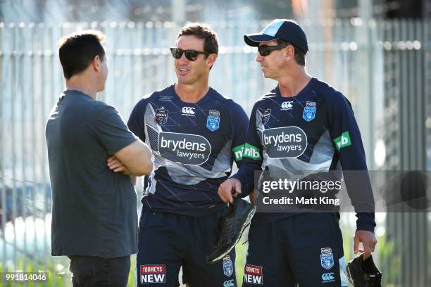 Matthew Johns, Andrew Johns and Greg Alexander talk during a New South Wales Blues State of Origin training session at NSWRL Centre of Excellence...