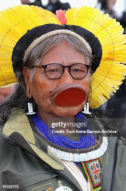 Tribal chief Raoni Metuktire and journalist Patrick Poivre d'Arvor attend the Premiere of 'On Tour' at the Palais des Festivals during the 63rd...