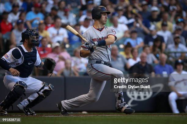 Joe Mauer of the Minnesota Twins grounds out in the first inning against the Milwaukee Brewers at Miller Park on July 2, 2018 in Milwaukee, Wisconsin.