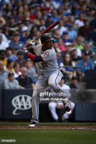 Jorge Polanco of the Minnesota Twins bats in the second inning against the Milwaukee Brewers at Miller Park on July 2, 2018 in Milwaukee, Wisconsin.