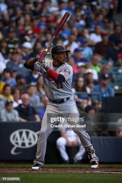 Jorge Polanco of the Minnesota Twins bats in the second inning against the Milwaukee Brewers at Miller Park on July 2, 2018 in Milwaukee, Wisconsin.