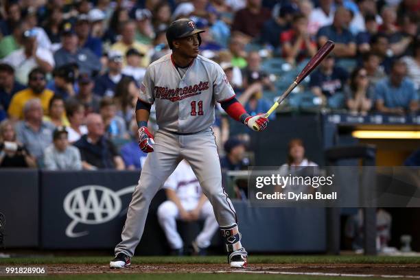Jorge Polanco of the Minnesota Twins bats in the second inning against the Milwaukee Brewers at Miller Park on July 2, 2018 in Milwaukee, Wisconsin.