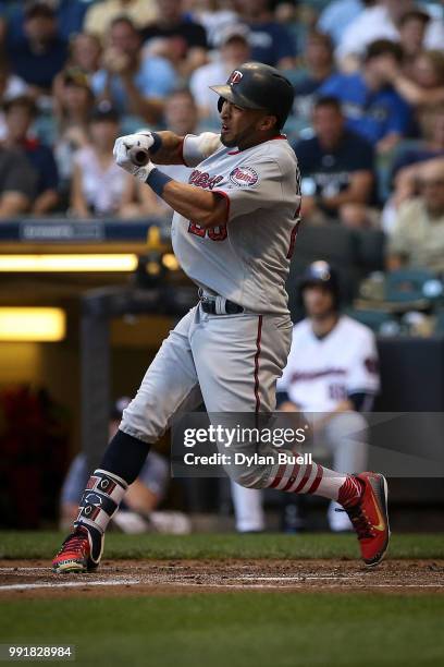 Eddie Rosario of the Minnesota Twins strikes out in the third inning against the Milwaukee Brewers at Miller Park on July 2, 2018 in Milwaukee,...