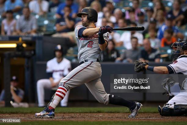 Brian Dozier of the Minnesota Twins grounds out in the third inning against the Milwaukee Brewers at Miller Park on July 2, 2018 in Milwaukee,...