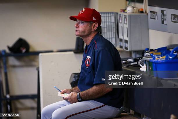 Manager Paul Molitor of the Minnesota Twins looks on from the dugout during the game against the Milwaukee Brewers at Miller Park on July 2, 2018 in...