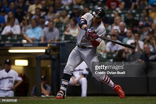 Logan Morrison of the Minnesota Twins grounds out in the sixth inning against the Milwaukee Brewers at Miller Park on July 2, 2018 in Milwaukee,...