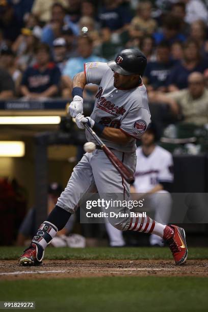 Eddie Rosario of the Minnesota Twins grounds out in the seventh inning against the Milwaukee Brewers at Miller Park on July 2, 2018 in Milwaukee,...