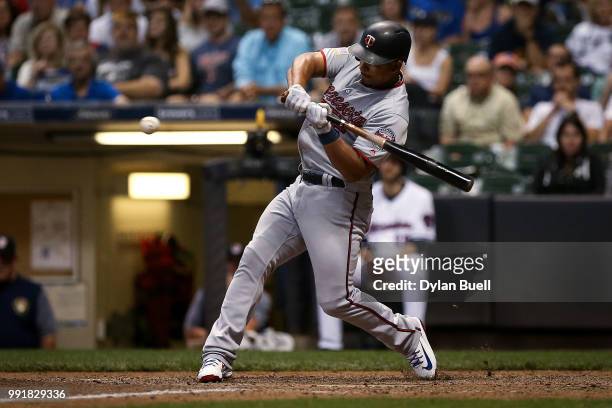 Eduardo Escobar of the Minnesota Twins grounds into a fielder's choice in the ninth inning against the Milwaukee Brewers at Miller Park on July 2,...