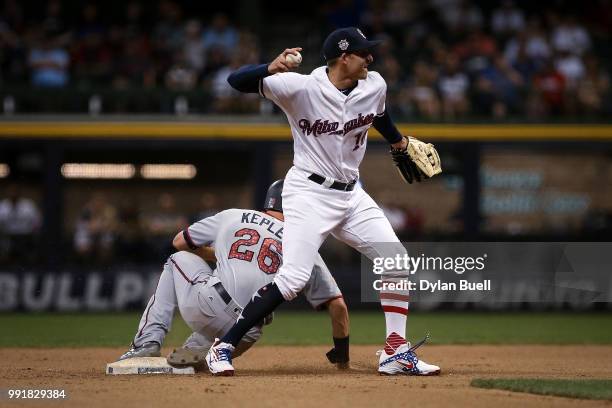 Brad Miller of the Milwaukee Brewers attempts to turn a double play past Max Kepler of the Minnesota Twins in the ninth inning at Miller Park on July...