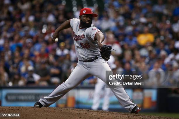 Fernando Rodney of the Minnesota Twins pitches in the ninth inning against the Milwaukee Brewers at Miller Park on July 2, 2018 in Milwaukee,...