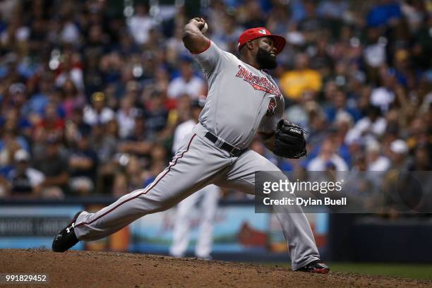 Fernando Rodney of the Minnesota Twins pitches in the ninth inning against the Milwaukee Brewers at Miller Park on July 2, 2018 in Milwaukee,...