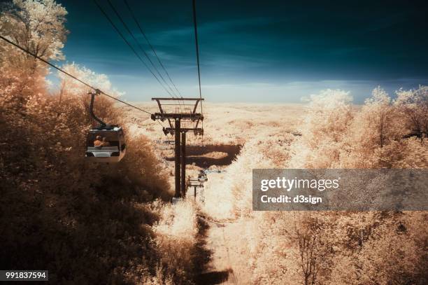 surreal landscape with cable cars transporting visitors through lush forest to spectacular viewpoint - tour 2014 stock pictures, royalty-free photos & images