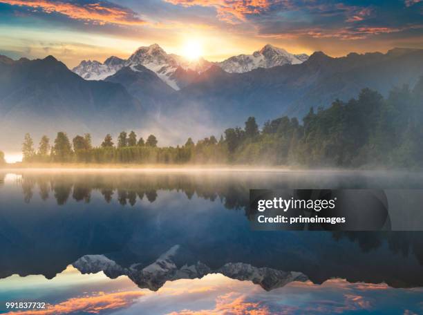 beautiful scenery landscape of the matheson lake fox glacier town southern alps mountain valleys new zealand - mt cook range stock pictures, royalty-free photos & images