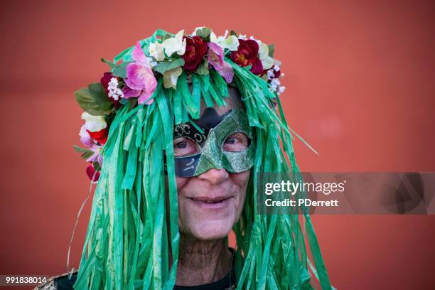 green person. traditional winter solstice costume. - greenman festival 2018 stock pictures, royalty-free photos & images