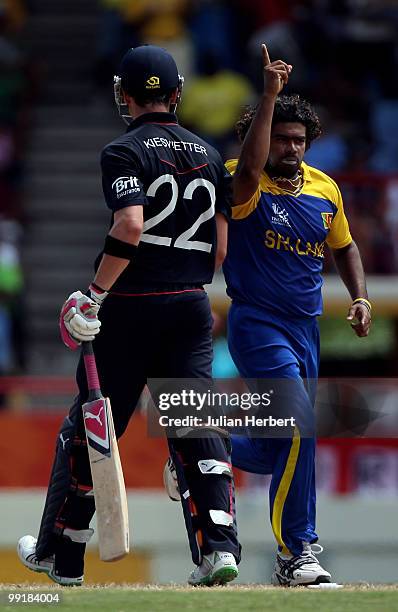 Lasith Malinga of Sri Lanka celebrates the dismissal of Craig Kieswetter during the semi final of the ICC World Twenty20 between England and Sri...