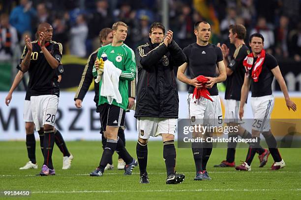 Jerome Boateng, Manuel Neuer, Arne Friedrich, Heiko Westermann and Piotr Trochowski of Germany celebrate the 3-0 victory after the international...