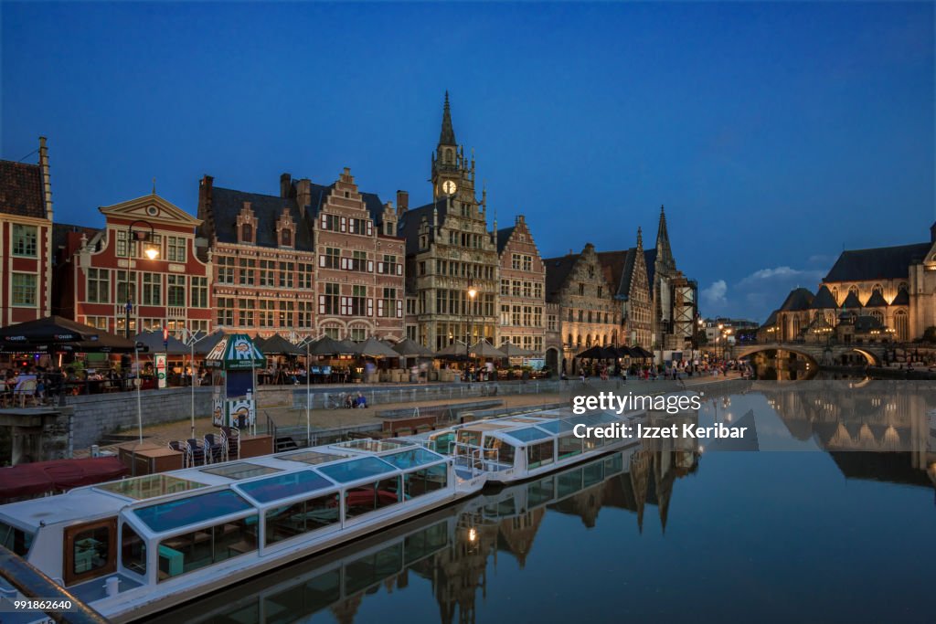 View of Ghent, the flemish city of Belgium and its historical buidings at the blue hour