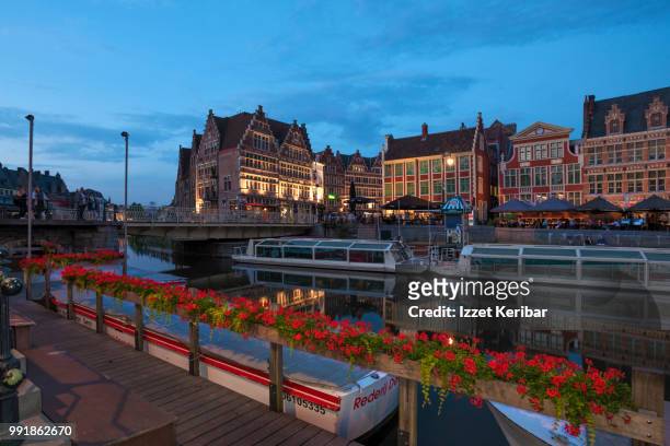 view of ghent, the flemish city of belgium and its historical buidings at the blue hour, flanders, belgium "n - east flanders stock pictures, royalty-free photos & images