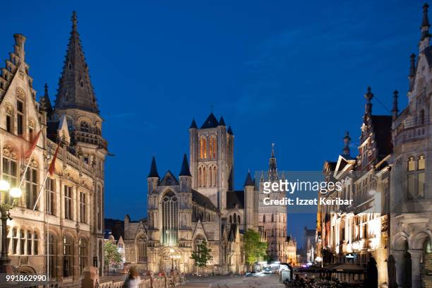 ghent and its historical monments at the blue hour, flanders, belgium - east flanders stock pictures, royalty-free photos & images