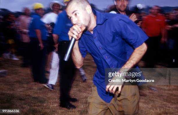 Of the Beastie Boys performs among the crowd at Glastonbury Festival, 24th June 1994.