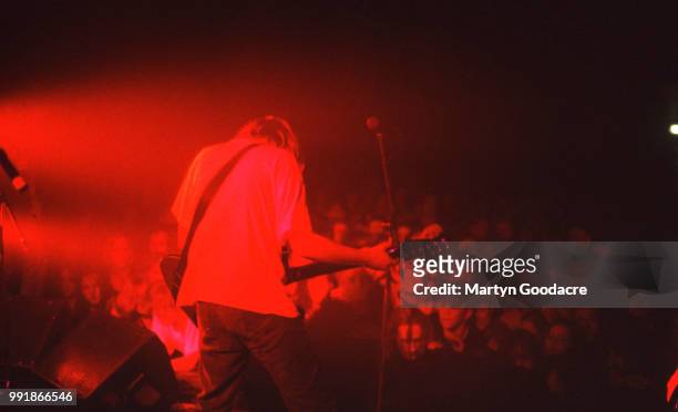 View from the stage showing the crowd watching Norman Blake of Teenage Fanclub performing, United Kindom, 1991.