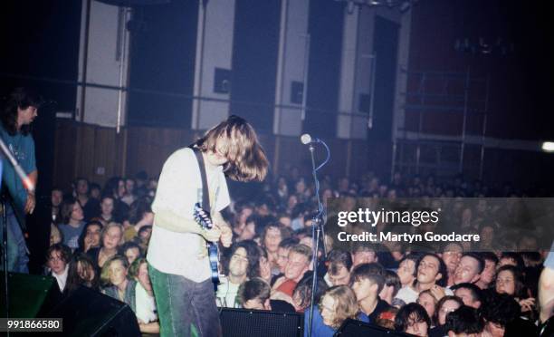 View from the stage showing the crowd watching Norman Blake of Teenage Fanclub performing, United Kindom, 1991.